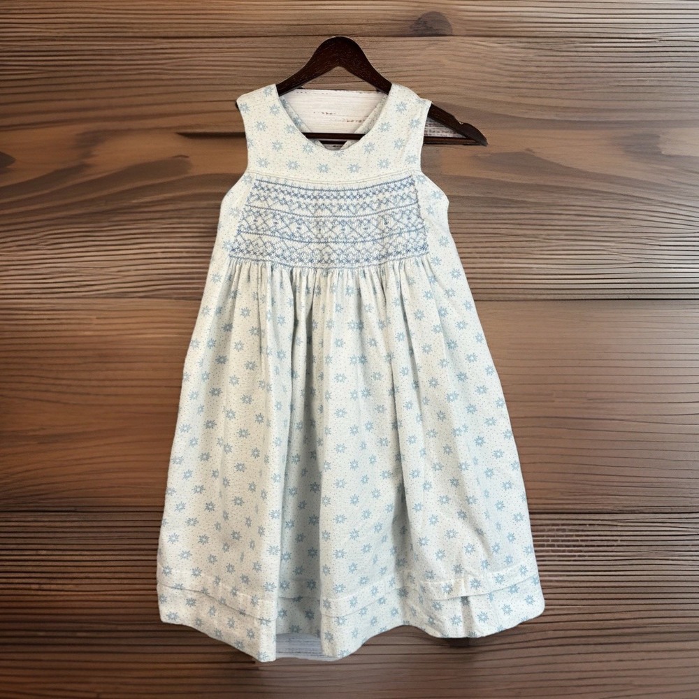 Vintage Handmade Smocked Flannel Apron Girls Dress M White Blue Long Cottagecore